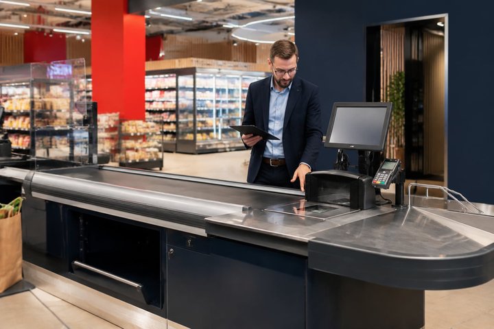 Commercial supermarket checkout counter and cashier lane