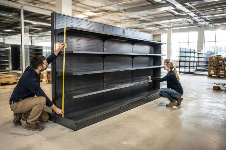 Different supermarket shelving types planned for a retail store layout