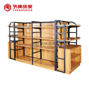 Supermarket shelf with wooden cabinet and LED light